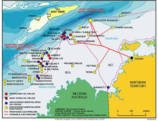 The Timor Sea has a huge and complex range of oil fields. Disputes over sovereignty have held exploitation back. In particular the Sunrise gas field has been claimed by East Timor and Indonesia. The Sunrise gas project is now likely to go ahead under an East Timorese aegis.