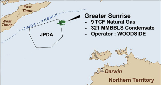 The Sunrise gas field, close to the Timor trench, is thought to have 9TCF of natural gas.
