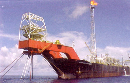 The FPSO, showing single-point mooring and swivel.