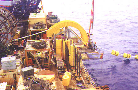 Adding buoyancy modules during the riser installation.